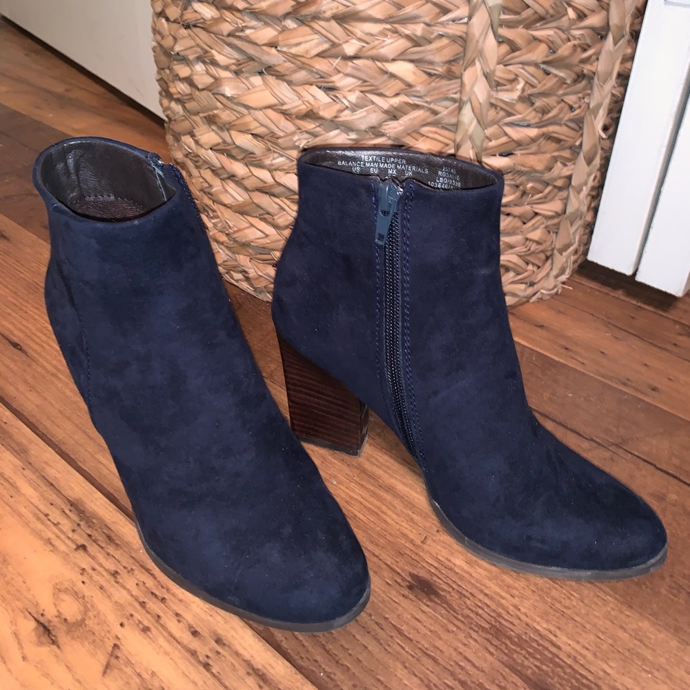 Blue suede booties 6.5 with block heel